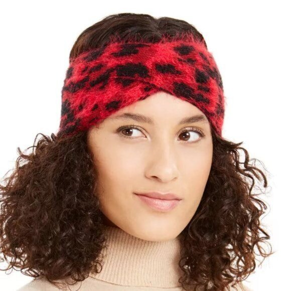 DKNY Fuzzy Animal Print Knit Twist Headband, RED - Picture 1 of 6